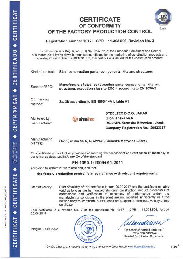 certificat of conformity of the factory production control